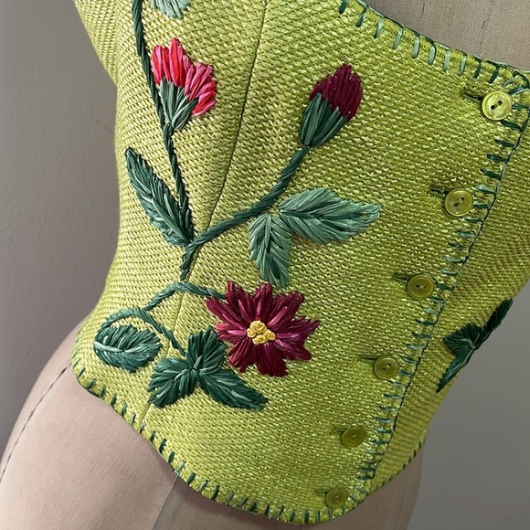 Moschino Green Jute Embroidered Flower Vest Bustier - Picture 4 of 13